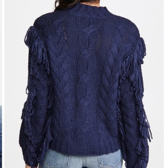 525 America Cable Knit Fringe Mock Neck Pullover Jumper Sweater Navy - Picture 6 of 7